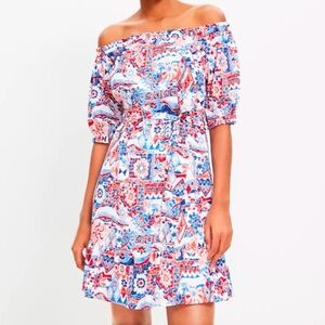 LOFT Scribble Ruffle Off The Shoulder Mini Dress
